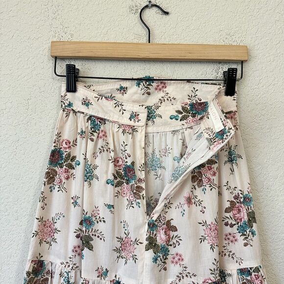 ANNA MASON Maxi Skirt Beige Floral Tiered Flare Cotton Peasant Fairy - Picture 4 of 11